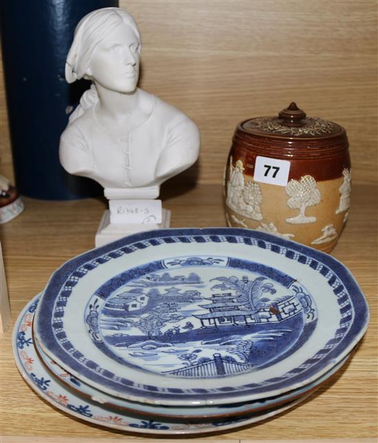 A Continental bisque bust after Bollias, a Doulton stoneware jar and 3 Oriental plates